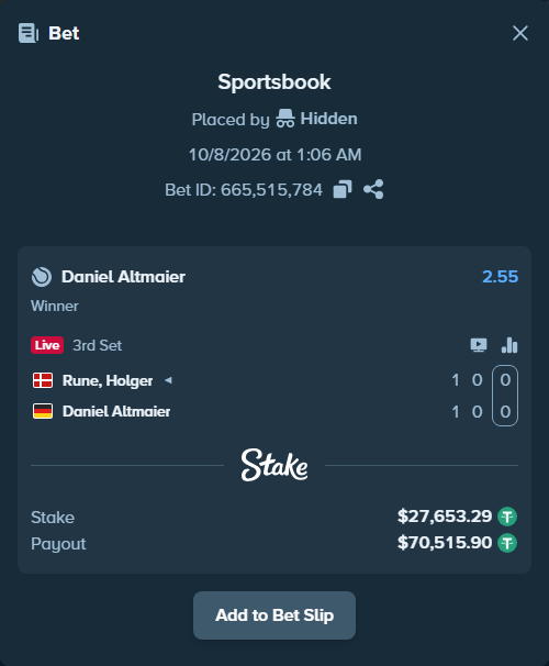 Bet slip: Rune, Holger - Daniel Altmaier, $27,645.00 stake at 2.55 odds, placed by piropiro12