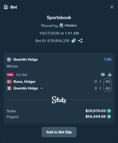 Bet slip: Rune, Holger - Quentin Halys, $30,000.00 stake at 1.85 odds, placed by Hidden