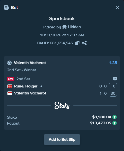 Bet slip: Rune, Holger - Valentin Vacherot, $10,000.00 stake at 1.35 odds, placed by Hidden