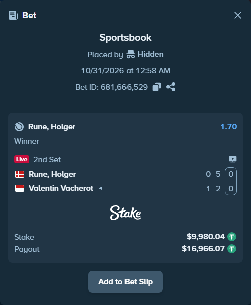 Bet slip: Rune, Holger - Valentin Vacherot, $10,000.00 stake at 1.70 odds, placed by Reyes32