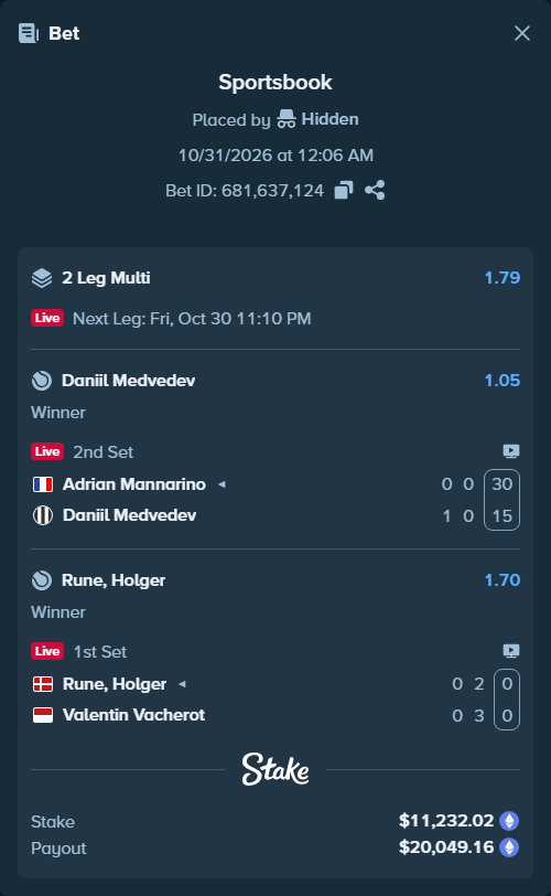 Bet slip: Rune, Holger - Valentin Vacherot, $11,165.85 stake at 1.70 odds, placed by Hidden