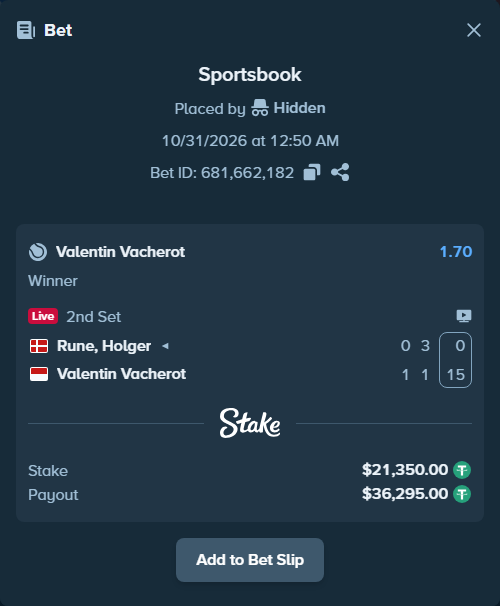 Bet slip: Rune, Holger - Valentin Vacherot, $21,392.70 stake at 1.70 odds, placed by Hidden
