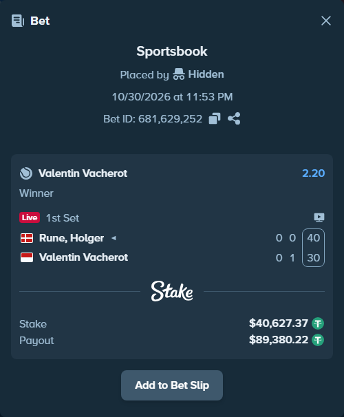 Bet slip: Rune, Holger - Valentin Vacherot, $40,668.00 stake at 2.20 odds, placed by Hidden