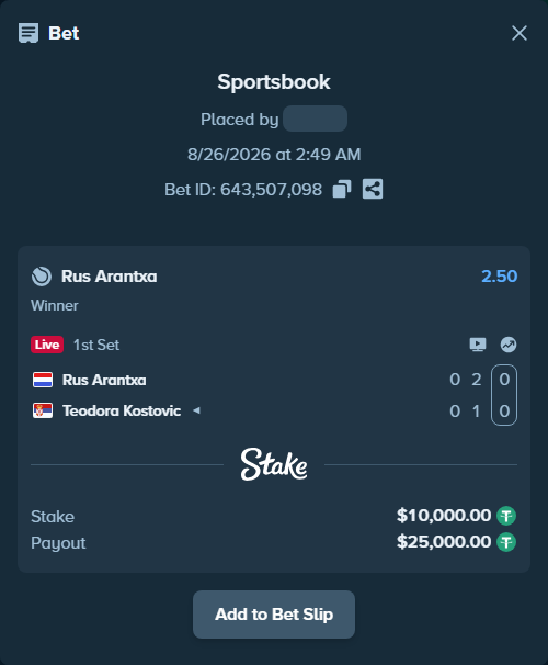 Bet slip: Rus Arantxa - Teodora Kostovic, $10,000.00 stake at 2.50 odds, placed by Mishobg86