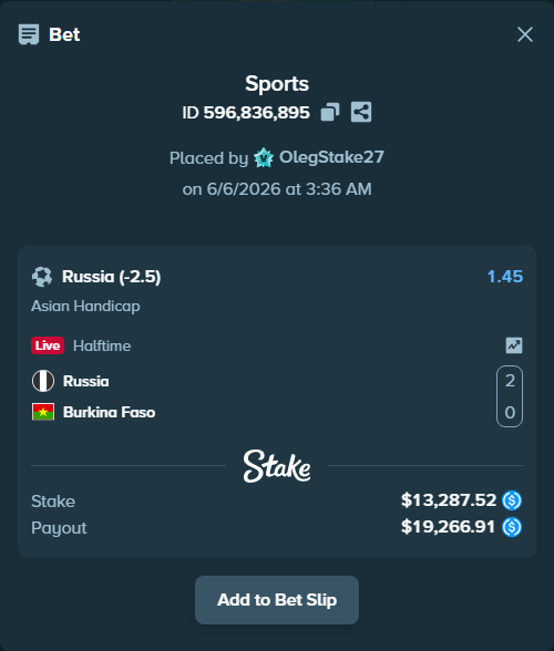 Bet slip: Russia - Burkina Faso, $13,287.52 stake at 1.45 odds, placed by OlegStake27