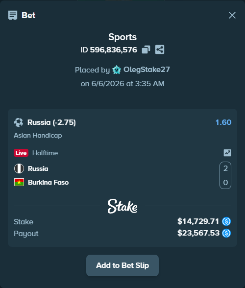 Bet slip: Russia - Burkina Faso, $14,729.71 stake at 1.60 odds, placed by OlegStake27