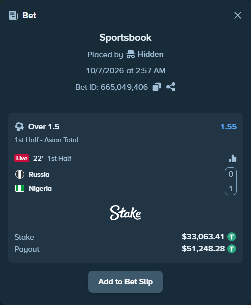 Bet slip: Russia - Nigeria, $33,063.41 stake at 1.55 odds, placed by Hidden