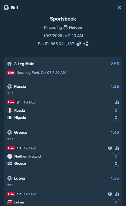 Bet slip: Russia - Nigeria, $42,076.46 stake at 1.35 odds, placed by Hidden