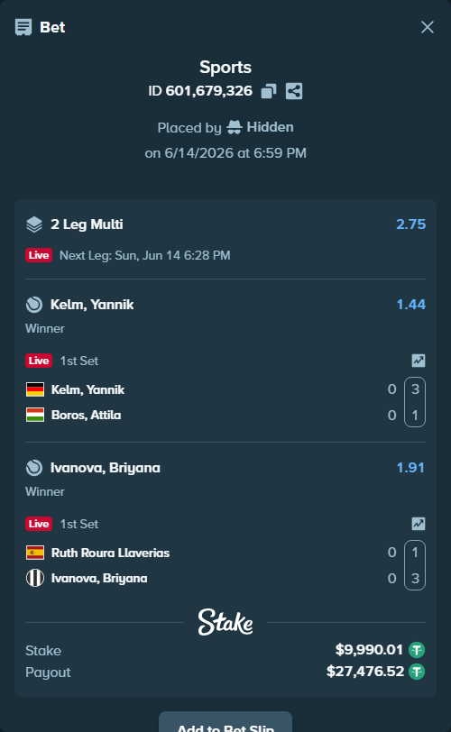 Bet slip: Ruth Roura Llaverias - Ivanova, Briyana, $10,000.00 stake at 1.91 odds, placed by Hidden