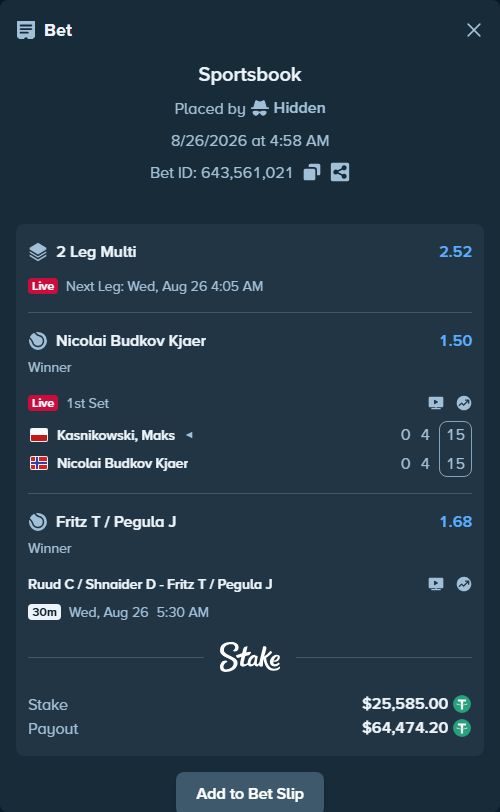 Bet slip: Ruud C / Shnaider D - Fritz T / Pegula J, $25,585.00 stake at 1.68 odds, placed by Hidden