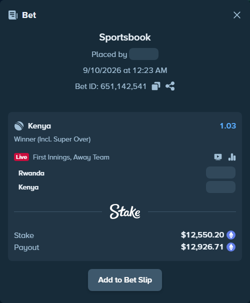 Bet slip: Rwanda - Kenya, $12,447.25 stake at 1.03 odds, placed by deepinvicible