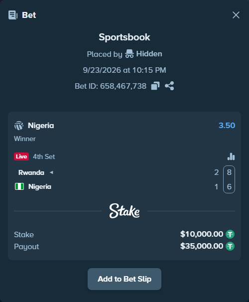Bet slip: Rwanda - Nigeria, $10,000.00 stake at 3.50 odds, placed by Hidden