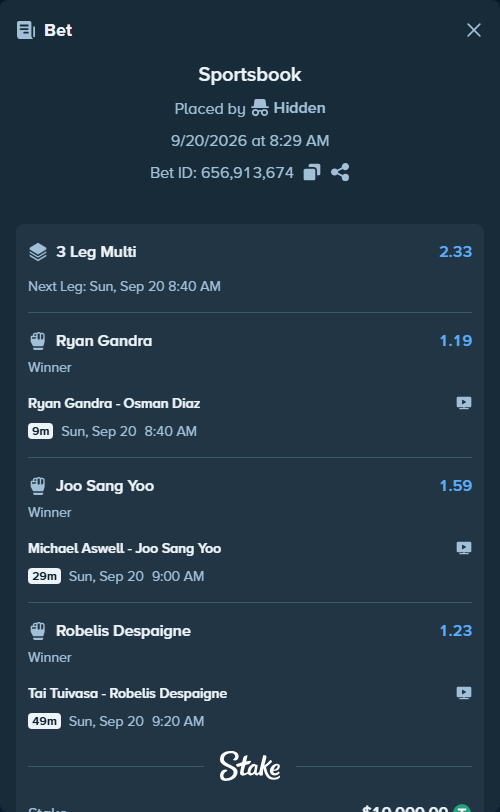 Bet slip: Ryan Gandra - Osman Diaz, $10,000.00 stake at 1.19 odds, placed by Hidden