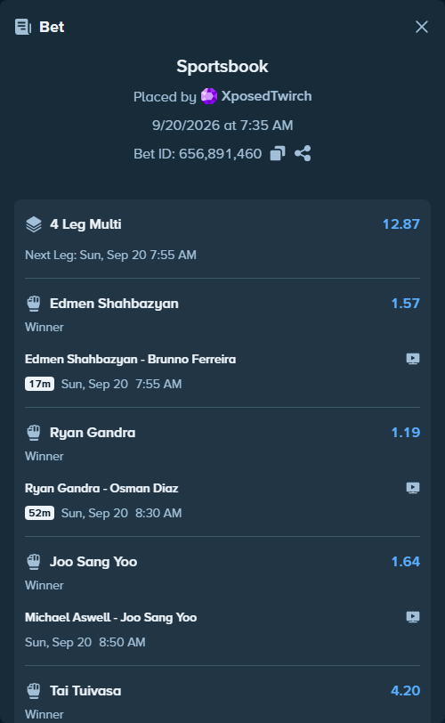 Bet slip: Ryan Gandra - Osman Diaz, $11,944.56 stake at 1.19 odds, placed by XposedTwirch
