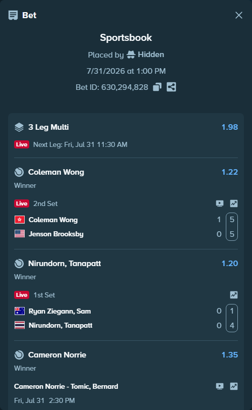 Bet slip: Ryan Ziegann, Sam - Nirundorn, Tanapatt, $10,000.00 stake at 1.20 odds, placed by Hidden