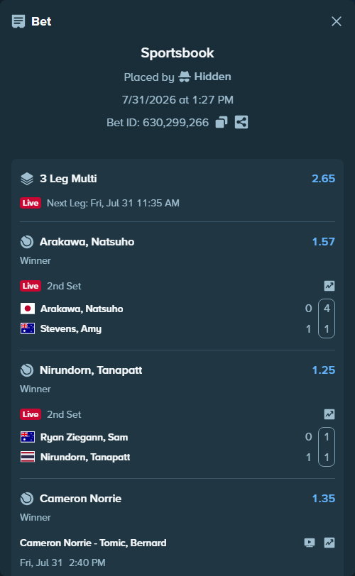 Bet slip: Ryan Ziegann, Sam - Nirundorn, Tanapatt, $11,250.00 stake at 1.25 odds, placed by Hidden