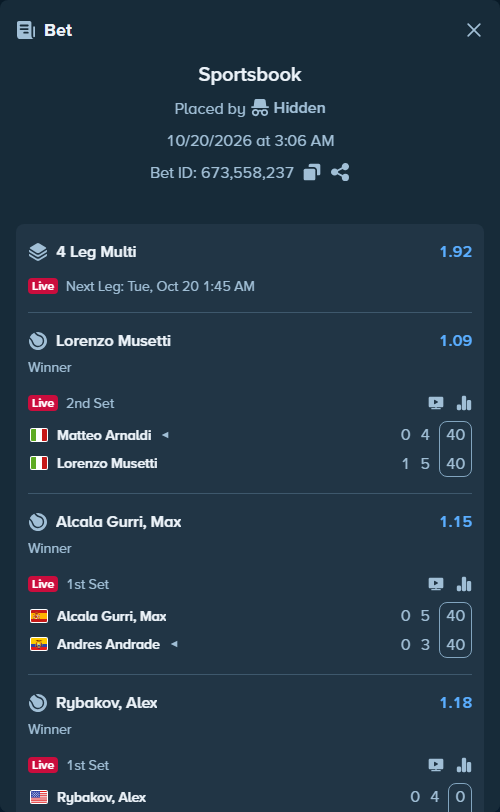 Bet slip: Rybakov, Alex - Artnak, Bor, $10,000.00 stake at 1.18 odds, placed by Hidden