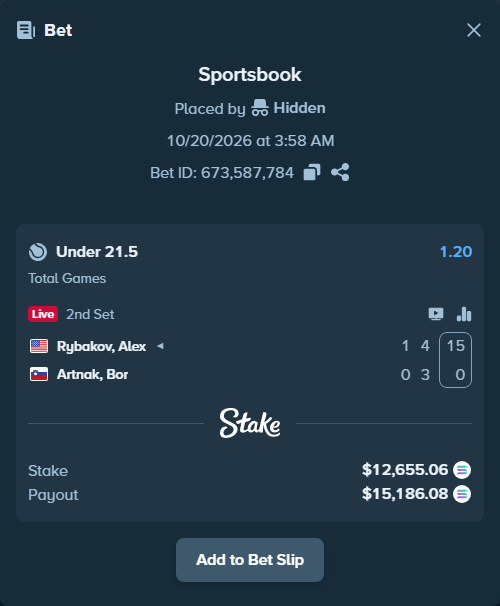 Bet slip: Rybakov, Alex - Artnak, Bor, $12,601.83 stake at 1.20 odds, placed by Hidden