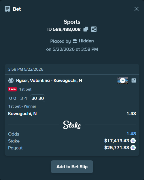 Bet slip: Ryser, Valentina - Kawaguchi, N, $14,751.81 stake at 1.48 odds, placed by Hidden