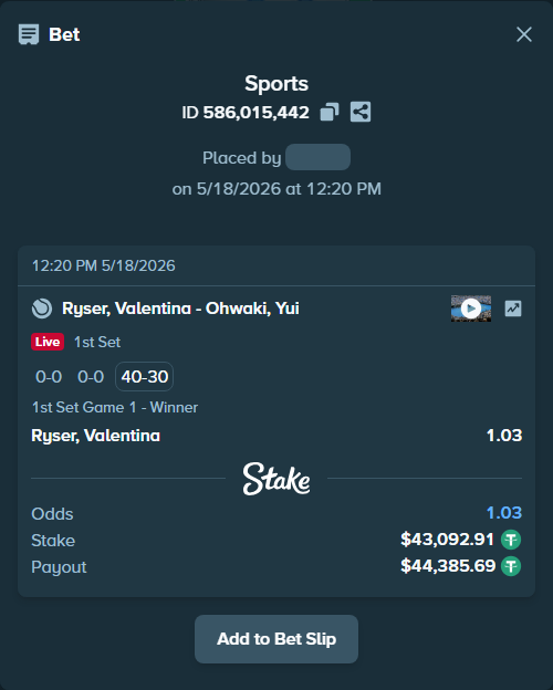 Bet slip: Ryser, Valentina - Ohwaki, Yui, $43,136.00 stake at 1.03 odds, placed by DooDLeZ1love