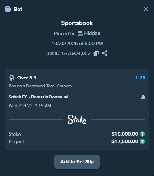 Bet slip: Sabah Masazir - Borussia Dortmund, $10,010.00 stake at 1.75 odds, placed by rajlev