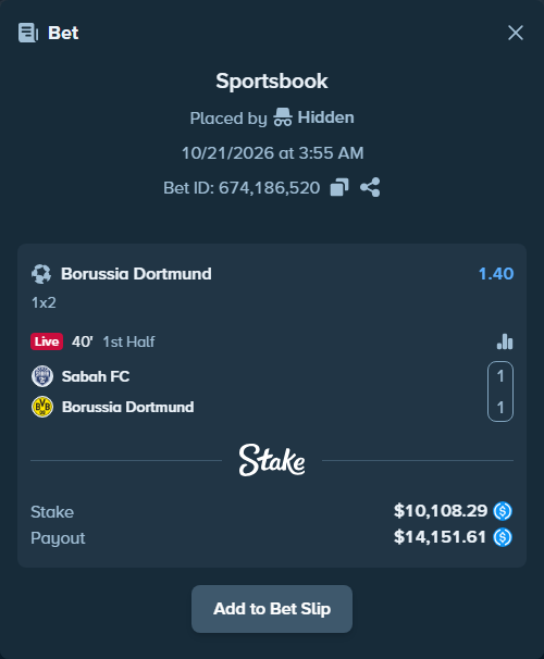 Bet slip: Sabah Masazir - Borussia Dortmund, $10,108.29 stake at 1.40 odds, placed by Hidden