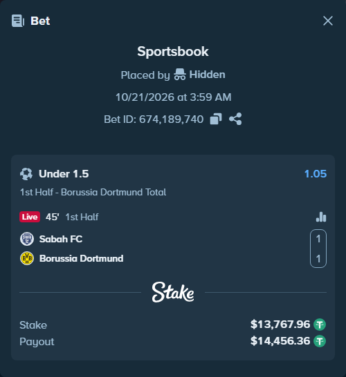 Bet slip: Sabah Masazir - Borussia Dortmund, $13,781.73 stake at 1.05 odds, placed by Rodrigom04