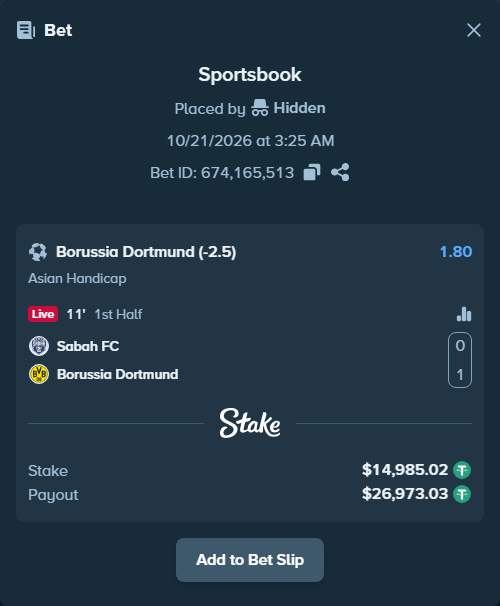 Bet slip: Sabah Masazir - Borussia Dortmund, $15,000.00 stake at 1.80 odds, placed by Agus1033