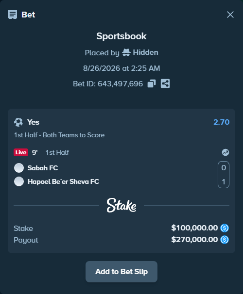 Bet slip: Sabah Masazir - Hapoel Be'er Sheva FC, $100,000.00 stake at 2.70 odds, placed by Hidden