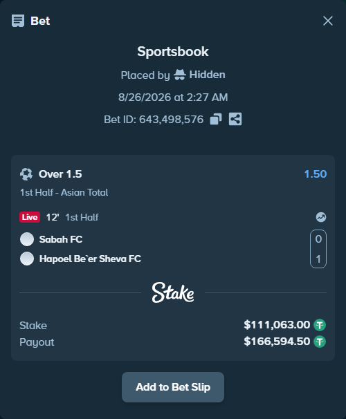 Bet slip: Sabah Masazir - Hapoel Be'er Sheva FC, $111,063.00 stake at 1.50 odds, placed by Hidden
