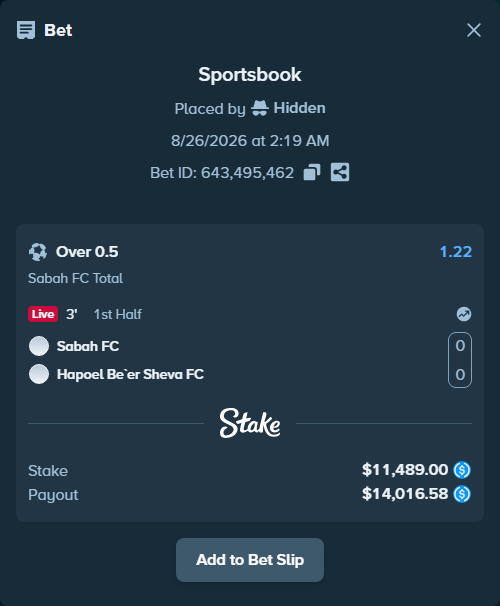 Bet slip: Sabah Masazir - Hapoel Be'er Sheva FC, $11,489.00 stake at 1.22 odds, placed by Hidden