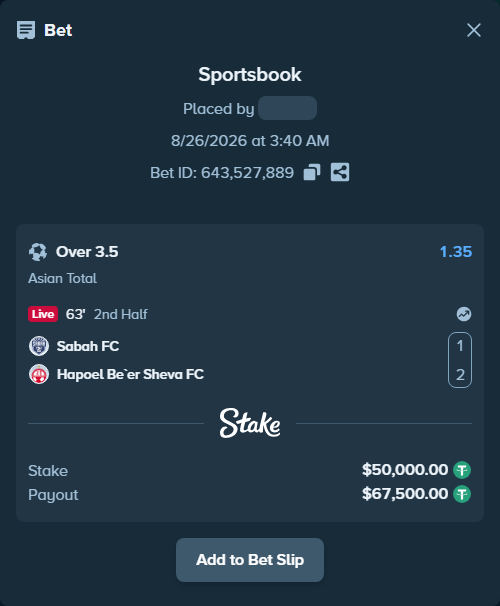 Bet slip: Sabah Masazir - Hapoel Be'er Sheva FC, $50,000.00 stake at 1.35 odds, placed by Jackpoor