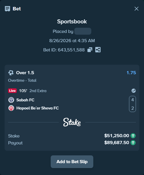 Bet slip: Sabah Masazir - Hapoel Be'er Sheva FC, $51,250.00 stake at 1.75 odds, placed by Jackpoor