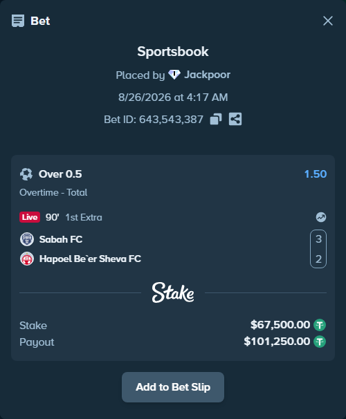 Bet slip: Sabah Masazir - Hapoel Be'er Sheva FC, $67,500.00 stake at 1.50 odds, placed by Jackpoor