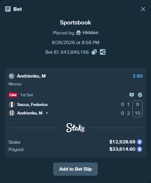 Bet slip: Sacco, Federica - Andrienko, M, $12,945.73 stake at 2.60 odds, placed by Hidden