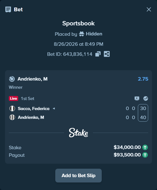 Bet slip: Sacco, Federica - Andrienko, M, $34,000.00 stake at 2.75 odds, placed by Hidden