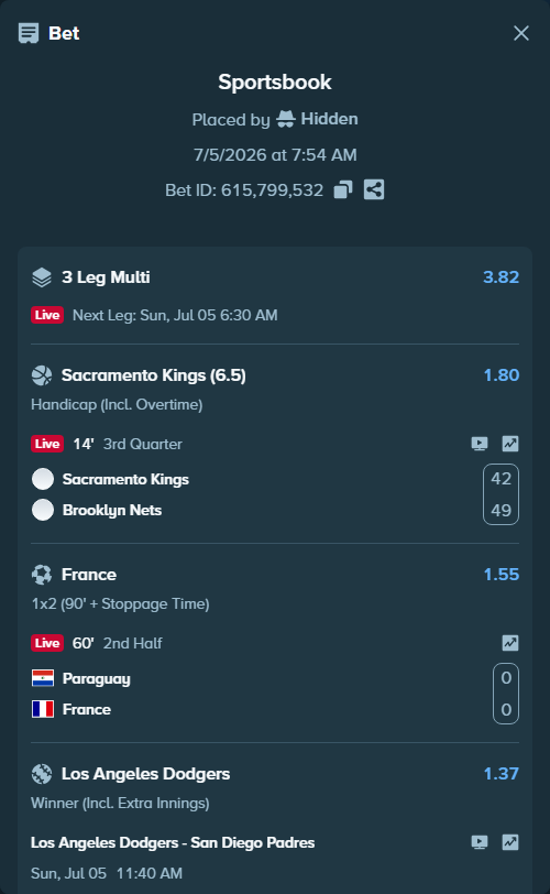 Bet slip: Sacramento Kings - Brooklyn Nets, $15,540.00 stake at 1.80 odds, placed by Hidden