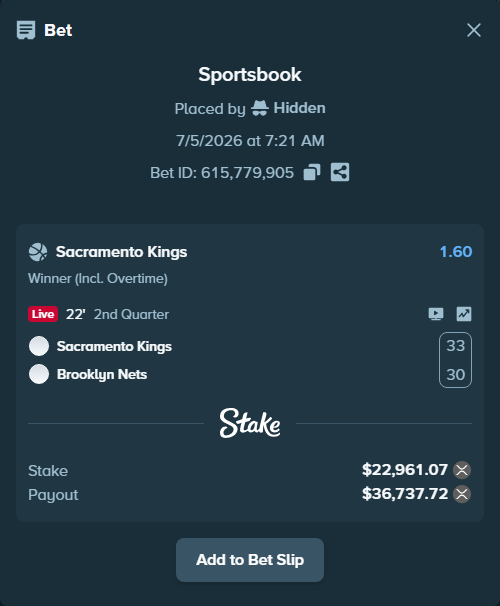 Bet slip: Sacramento Kings - Brooklyn Nets, $22,466.54 stake at 1.60 odds, placed by Hidden