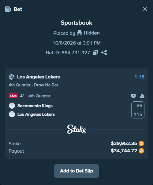 Bet slip: Sacramento Kings - Los Angeles Lakers, $29,917.91 stake at 1.16 odds, placed by hungrybox