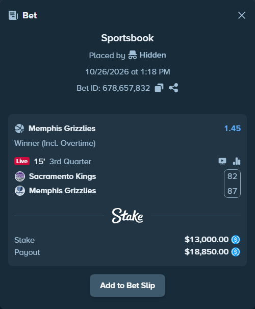 Bet slip: Sacramento Kings - Memphis Grizzlies, $13,000.00 stake at 1.45 odds, placed by Hidden