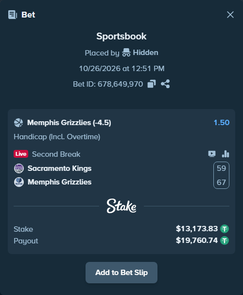 Bet slip: Sacramento Kings - Memphis Grizzlies, $13,187.00 stake at 1.50 odds, placed by Rovangood