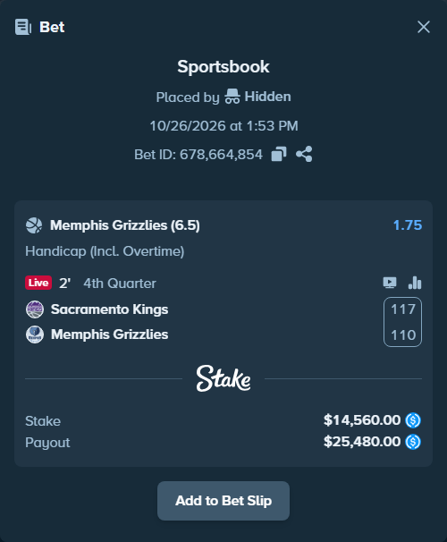 Bet slip: Sacramento Kings - Memphis Grizzlies, $14,560.00 stake at 1.75 odds, placed by Hidden