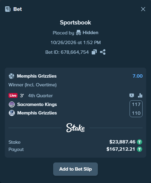 Bet slip: Sacramento Kings - Memphis Grizzlies, $23,911.35 stake at 7.00 odds, placed by BetlikeaKing