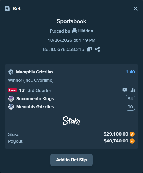 Bet slip: Sacramento Kings - Memphis Grizzlies, $29,254.56 stake at 1.40 odds, placed by Hidden