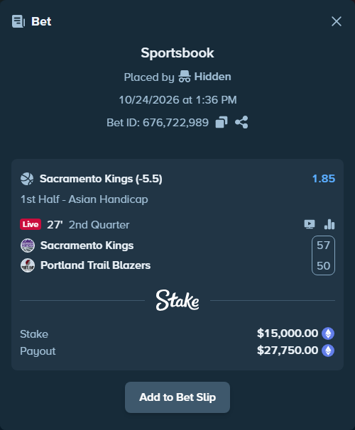 Bet slip: Sacramento Kings - Portland Trail Blazers, $14,992.69 stake at 1.85 odds, placed by Jollysea