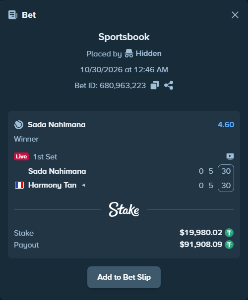 Bet slip: Sada Nahimana - Harmony Tan, $20,000.00 stake at 4.60 odds, placed by Hidden