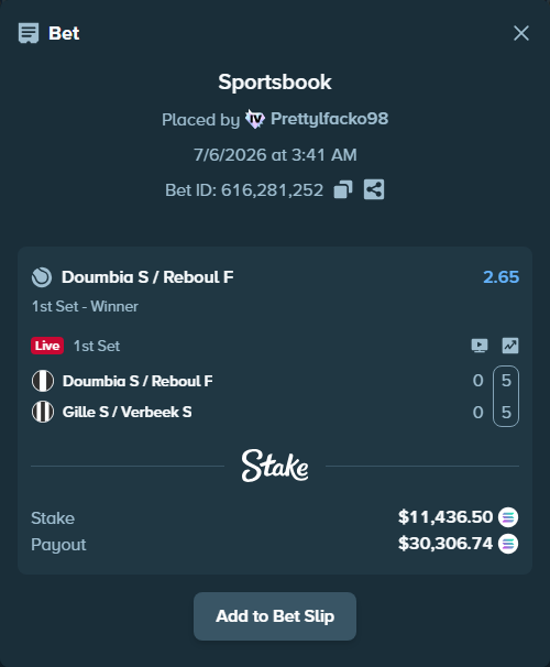 Bet slip: Sadio Doumbia / Fabien Reboul - Gille S / Verbeek S, $10,255.66 stake at 2.65 odds, placed by Prettylfacko98