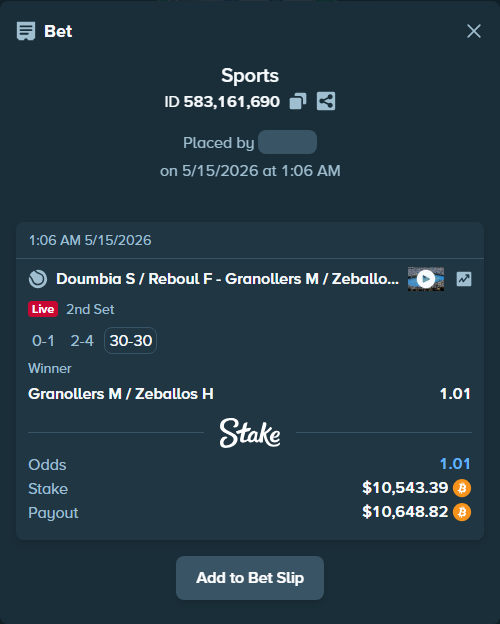 Bet slip: Sadio Doumbia / Fabien Reboul - Granollers M / Zeballos H, $8,344.31 stake at 1.01 odds, placed by antoniku