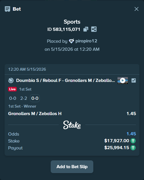 Bet slip: Sadio Doumbia / Fabien Reboul - Granollers M / Zeballos H, $17,927.00 stake at 1.45 odds, placed by piropiro12