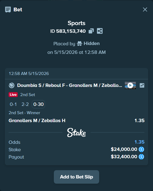 Bet slip: Sadio Doumbia / Fabien Reboul - Granollers M / Zeballos H, $24,000.00 stake at 1.35 odds, placed by Hidden